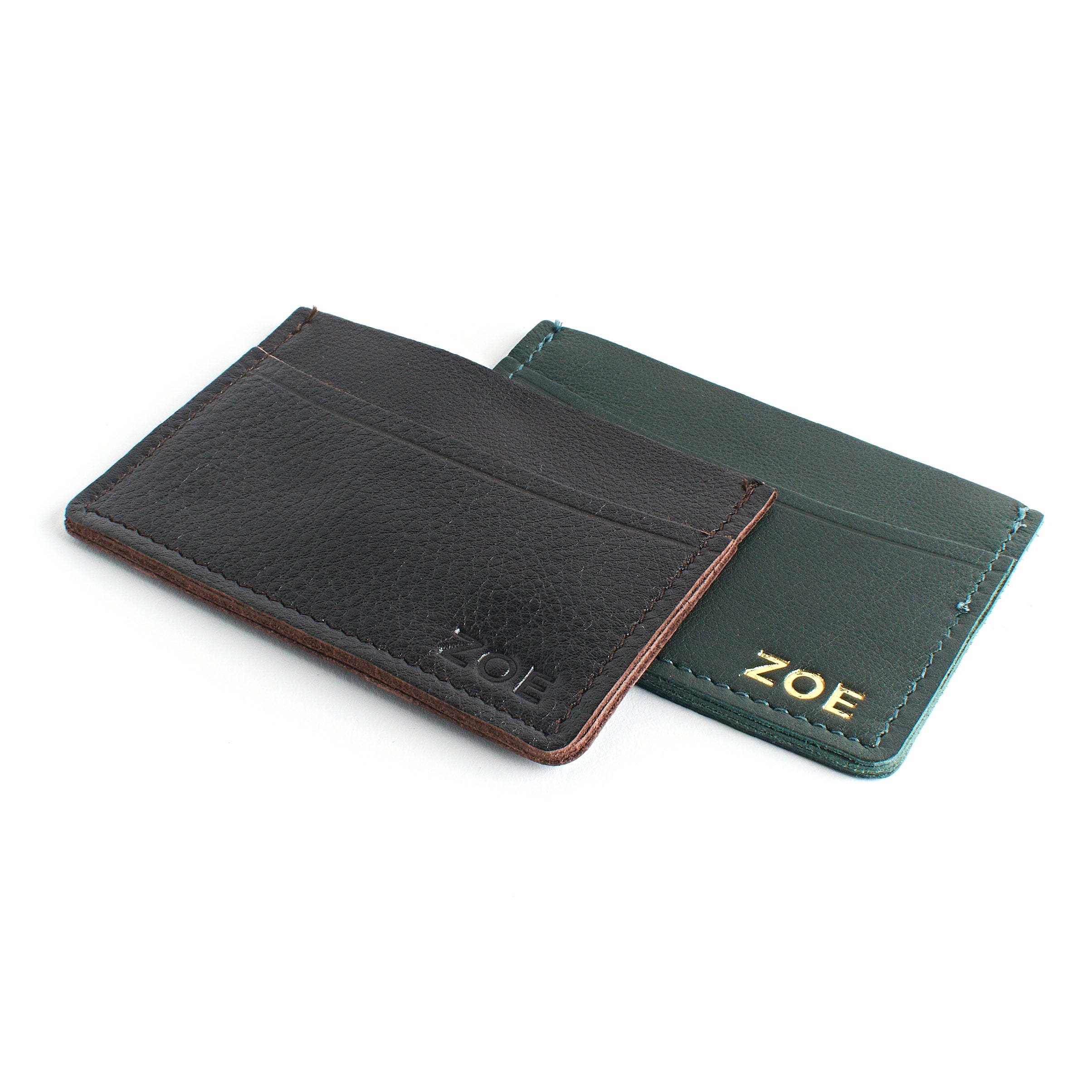Two Brown/Green Personalised Leather Card Holder Wallet  